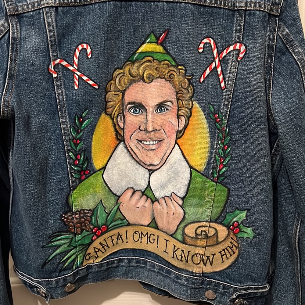 One of a Kind “Buddy the Elf” Denim Jacket - Picture 2 of 5